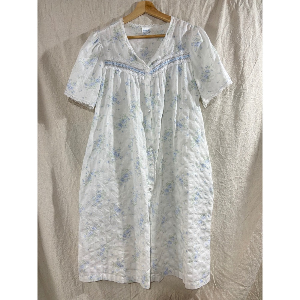 Vintage 80s Carole Nightgown Blue Floral Lace Trim Button Front Housecoat M USA